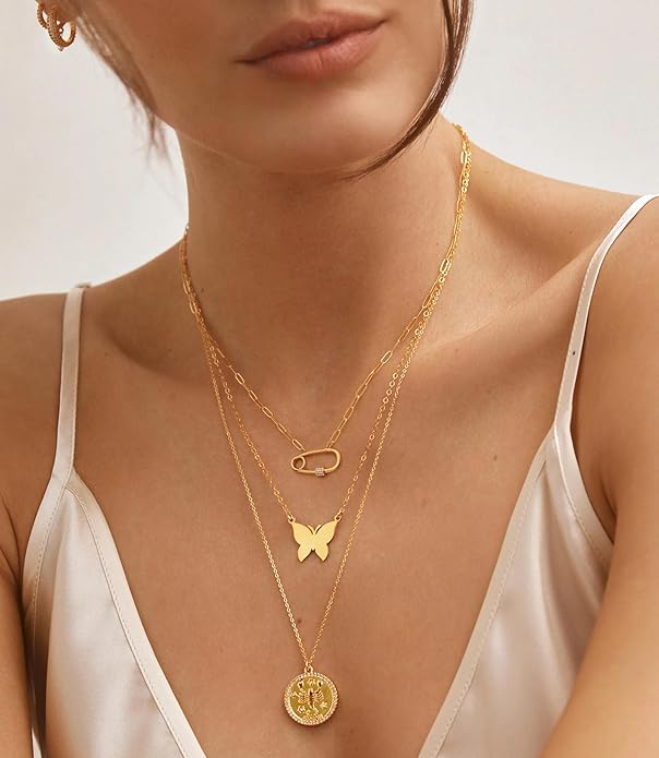 Aobei Pearl 18K Gold Plated Moon Star Lion Evil Eye Love Heart Cross Pendant Necklace Medallion Paperclip Chian Choker Layering Jewery for Women