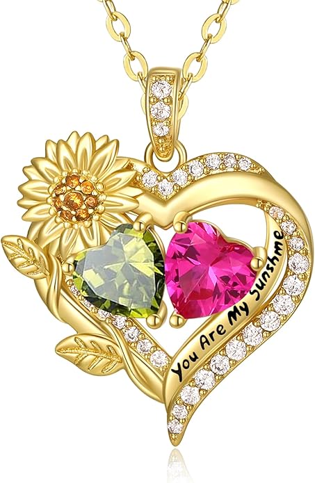 Sunflower Heart Necklace for Women 14K Gold Exquisite Valentines Day Anniversary Birthday Gifts for Wife Mother Her Double Birthstone Pendant Jewelry‘You Are My Sunshine’