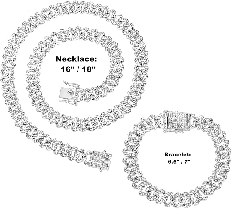 HH BLING EMPIRE 14k Gold/Silver Cuban Link Chain for Women Iced Out Diamond Chunky Cuban Link Necklace Chain Bracelet 2pcs Sets