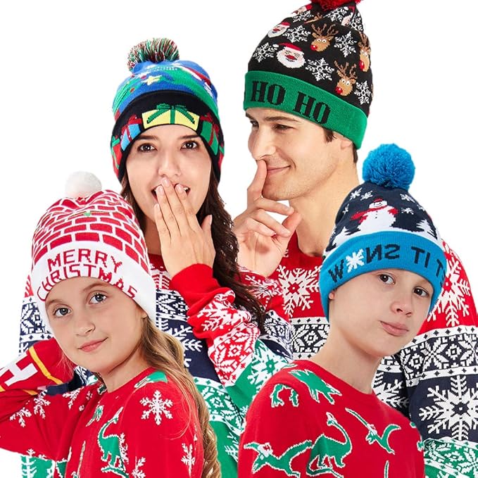 RAISEVERN Unisex Ugly LED Christmas Hat Novelty Colorful Light-up Stylish Knitted Sweater Xmas Party Beanie Cap(6 Lights)