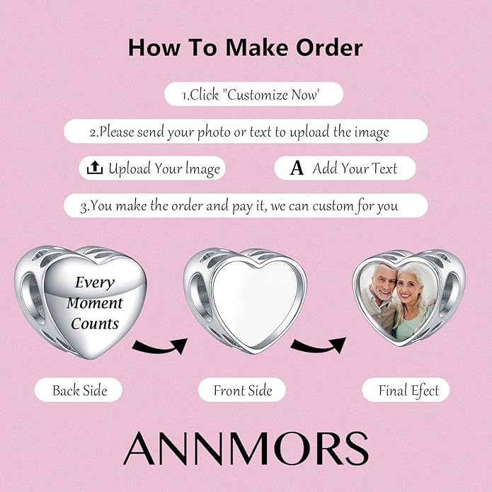 Annmors Personalized Photo Charms For Bracelets/Necklace 925 Sterling Silver Love Heart Shaped Engraved Customize Picture Gift for Birthday Mother's Day,Bead Charms Jewelry for Women