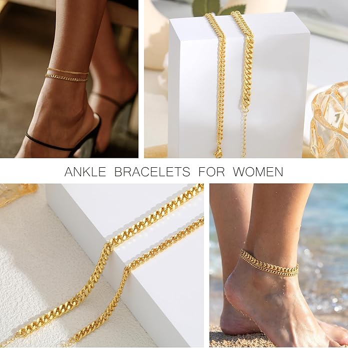 iF YOU Gold Ankle Bracelets for Women, 14k Gold Plated Waterproof Cuban Link Chain Anklets Set, Layered Anklet Bracelets for Women Beach Gift Adjustable Size 5pc