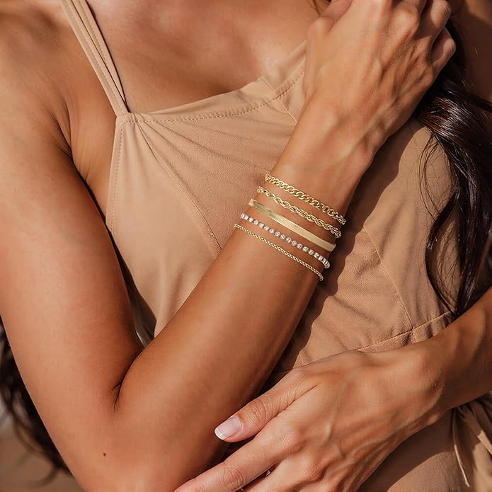 Emibele Gold Bracelets for Women, Dainty Adjustable 14K Gold Plated Bracelet Stack, Elegant Beaded Link Chain Bracelet Sets, Jewelry Gifts for Women