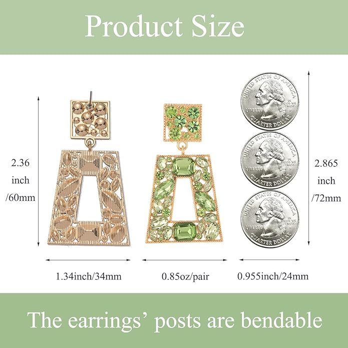 Rhinestone Rectangle Statement Earrings Colorful Crystal Geometric Drop Dangle Earrings for Women Prom Party