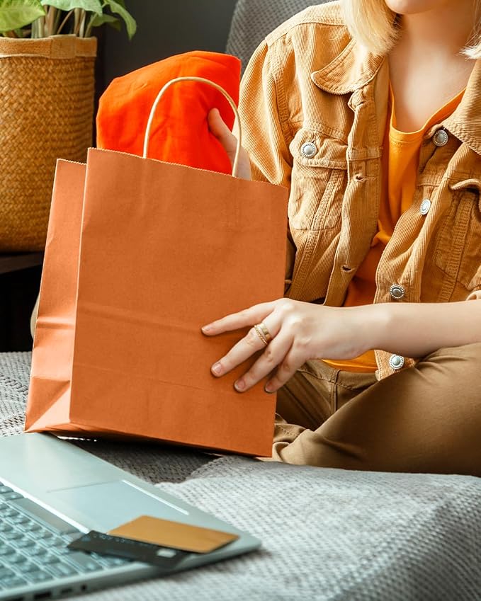 qiqee Classic Orange Gift Bag with Handles Bulk 24Pcs Paper Bags -10.6"x8.3"x4.3"Party Favor Bags - Solid Color