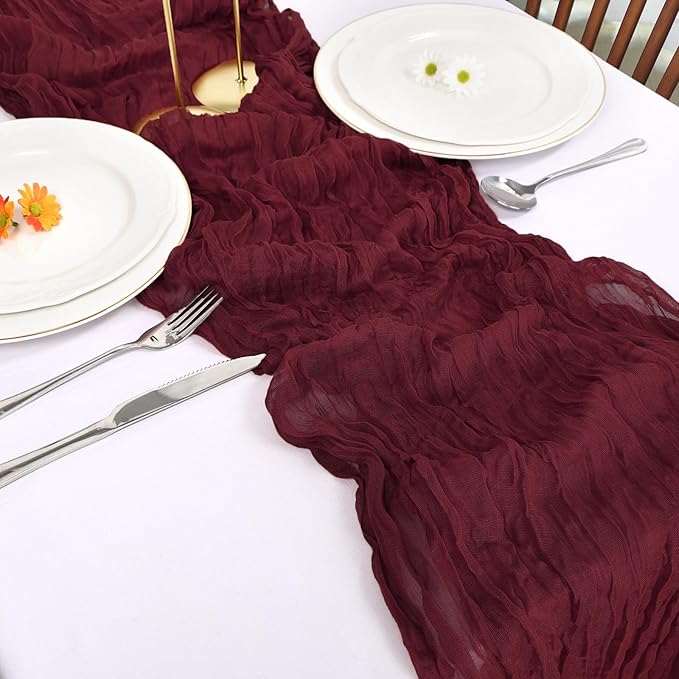 12 Pack Burgundy Cheesecloth Table Runner 10FT Boho Cheese Cloths Gauze Fabric Table Runners 120 Inch Rustic for Christmas Fall Thanksgiving Wedding Birthday Party Baby Shower Home Decorations