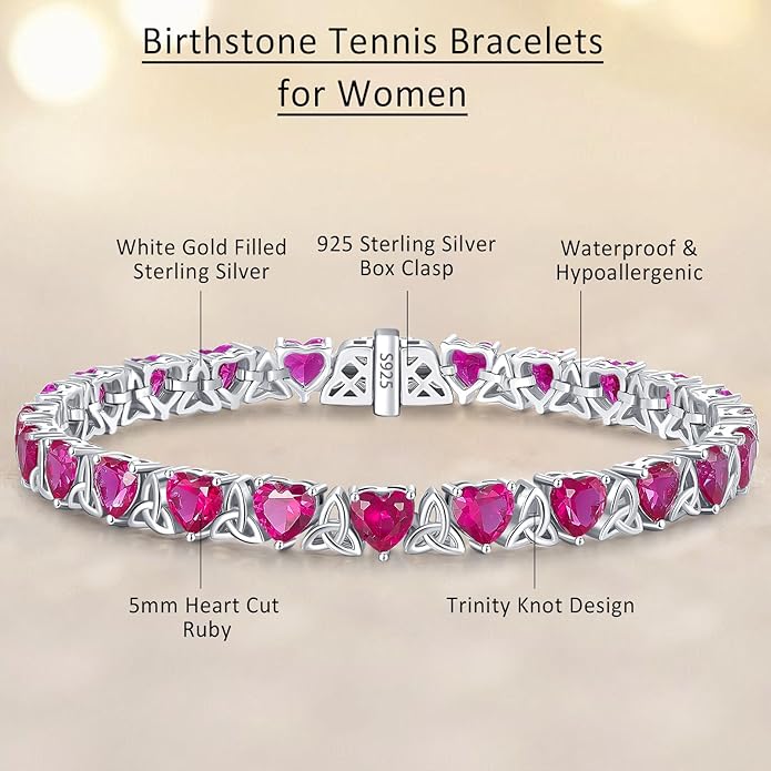 Birthstone Tennis Bracelets for Women, 925 Sterling Silver Heart Shaped Celtic Trinity Knot, 7 Inch Charm Trendy Hypoallergenic Anniversary Birthday Gifts for Her
