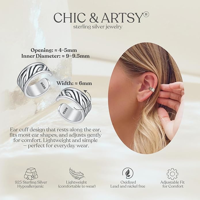 CHIC & ARTSY 925 Sterling Silver Ear Cuffs for Women, Non Piercing Clip On Cartilage Cuffs, Adjustable Fake Conch & Helix Earrings, Gold Plated & Oxidized Various Styles