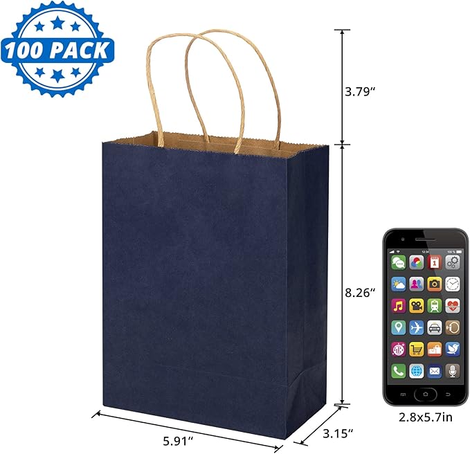 100 Pack 5.9x3.15x8.26 inch Small Gift Bags, Kraft Dark Blue Bags with Handles Bulk for Birthday Party Favors,Gift Paper Bags,Retail Shopping Business Goody Craft Gift Bags