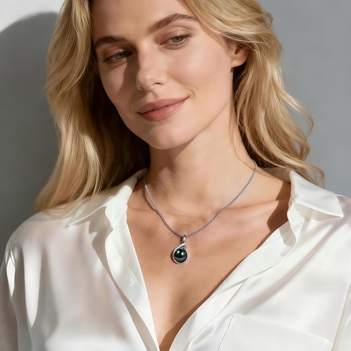 Genuine Tahitian Black Pearl Necklaces for Women, 9-12mm AAAA Seawater Pearl - Sterling Silver Moissanite Pendant, Wedding Anniversary, Birthday, Christmas Gift for Wife, Mom, Girlfriend, Fine Jewelry