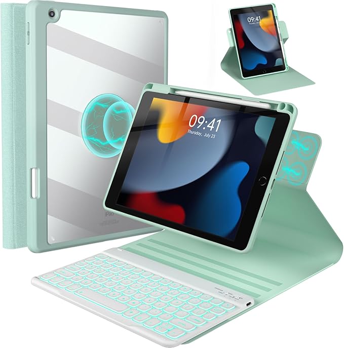 OYEEICE Keyboard Case for iPad 9th Generation - Detachable Wireless Backlit Keyboard, Upgraded Magnetic Cover with Pencil Holder for iPad 9th/8th/7th Gen, iPad Pro 10.5" & iPad Air 3rd Gen - Green