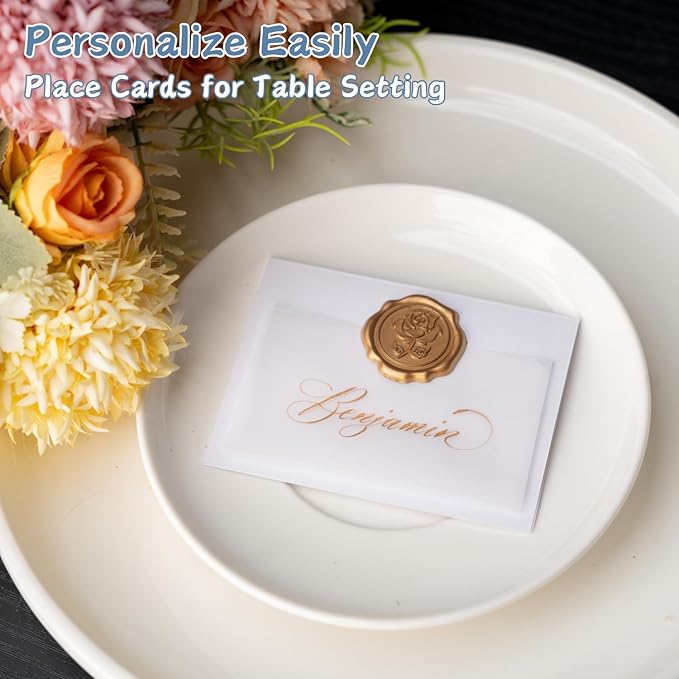 25 Pack Name Cards for Table Setting, Place Cards with Antique Gold Rose Wax Seal Sticker for Wedding, Table Tent Card Stock Handmade Decor for Party, Dinner, Home (Pearlized White)