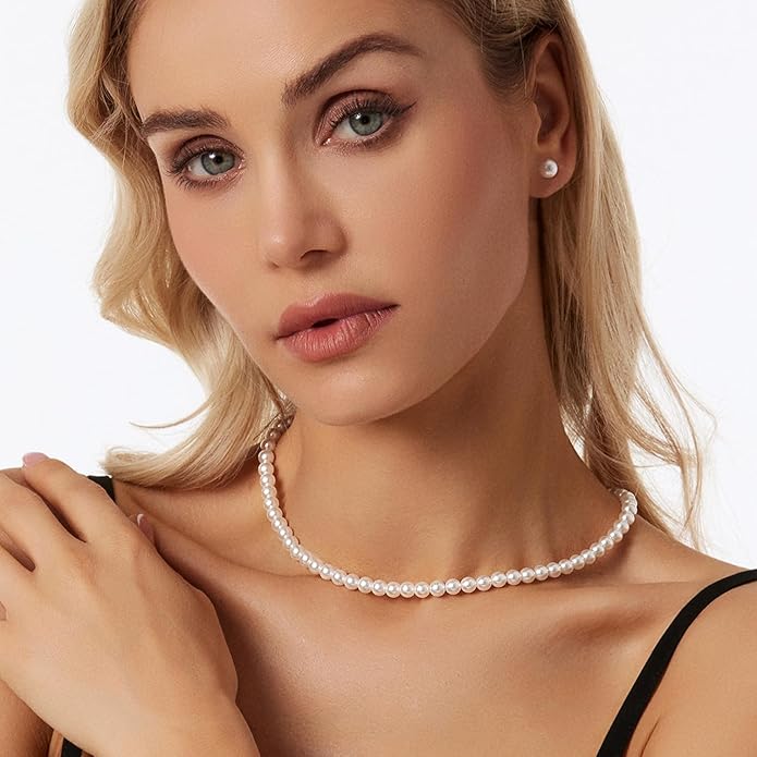 Zeffy Gold Pearl Necklace for Women, Dainty 14K Gold/Silve Plated Layered Pearl Choker Pearl Earrings Pearl Bracelets Wedding Trendy Gold Jewelry Set for Women Gifts