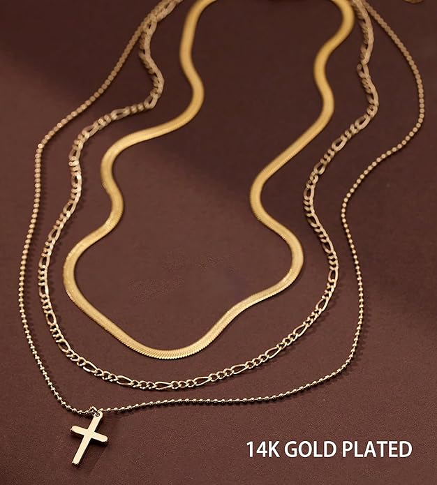 YEEZII Layered Gold Necklaces for Women Trendy, 3 Pcs 14K Gold Plated Choker Paperclip Box Chain Necklace, Stackable Women's Gold Pendant Necklaces Jewelry Set