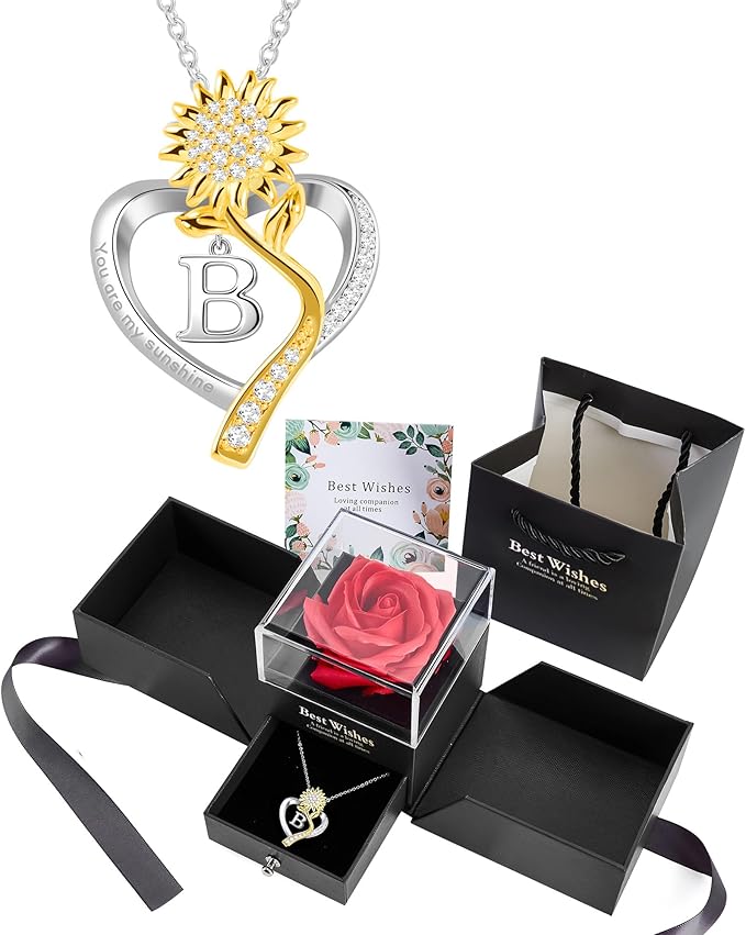 Birthday Gifts for Women Preserved Real Rose with Sunflower Initial Necklace - Birthday Gifts for Women Her Mom Wife on Valentines Mothers Day Christmas Anniversary Romantic with Pendant B