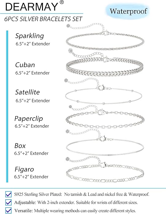 DEARMAY Dainty Silver Plated Bracelets for Women Trendy, Silver Jewelry Set for Women Bracelets for Women Paperclip Box Herringbone Figaro Rope Chain Bracelet Fashion Pack Gifts for Women