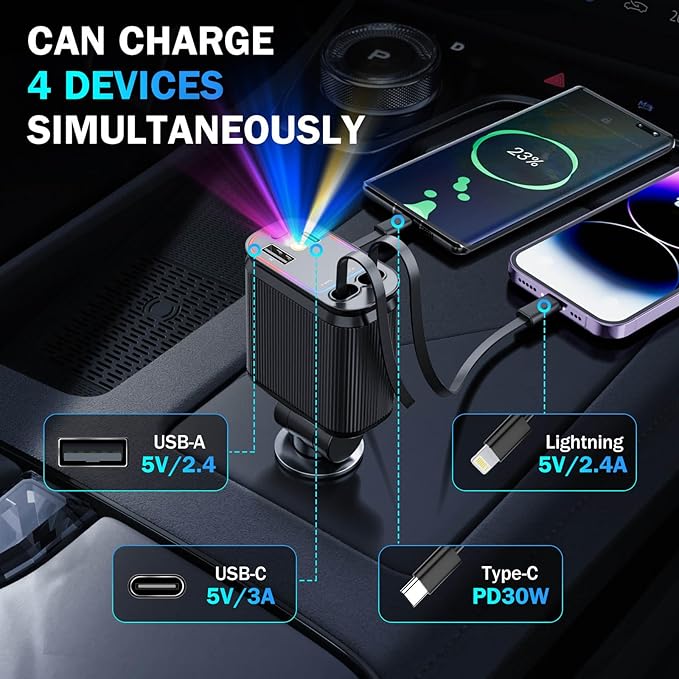 Car Charger with Starlight, 66W USB C Fast Car Charger Adapter, 4 in 1 Retractable Car Chargers with 2 USB Ports for iPhone 15/14/13/12/11 and for Android (Dark Black)