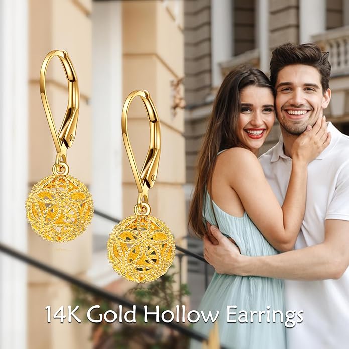 DOVRAN 10K 14K Solid Gold Leverback Earrings for Women Real Yellow Gold Filigree Dangle Earrings Trendy Jewelry Birthday Christmas Gifts for Wife Mom