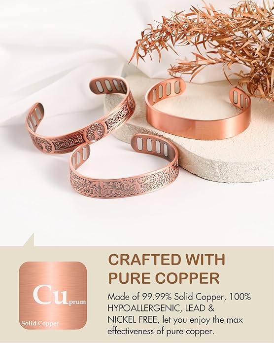 Feraco Copper Bracelet for Men, 5X Ultra Strength Magnetic Cuff Bangle with 5000 Gauss Neodymium Magnets, 99.99% Pure Copper Jewelry Gift, Adjustable