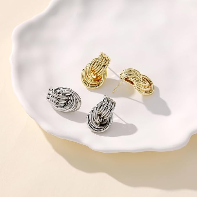 Big Chunky Knot Link Earrings for Women Silver Circle Geometric Drop Dangle Earring Stud