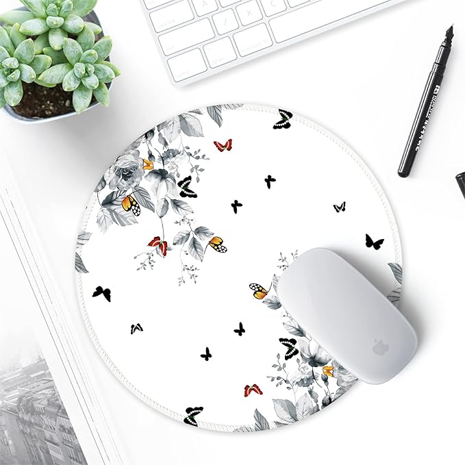 ITNRSIIET Round Mouse Pad with Stitched Edge Premium-Textured Waterproof Non-Slip Rubber Base Desktop Protection Mat Diameter 8.7 inches, Flowers and Butterflies