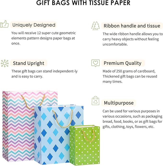 OUTUXED 12pcs Paper Gift Bags Assorted Sizes with Tissue, Birthday Gift Bags 3 Sizes (4 Medium/4 Large/4 Extra Large) - For Birthday, Baby Showers, Party & Wedding