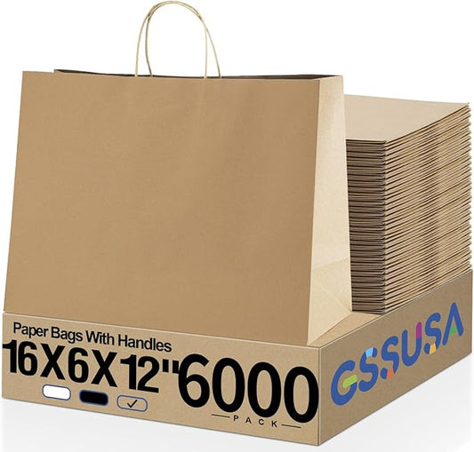 GSSUSA 16x6x12 Inches Large Paper Bags with Handles, 6000 Pack Brown Paper Gift Bag, Recyclable Kraft Paper Shopping Bags for Small Business, Party Favor, Craft Bag for Boutique