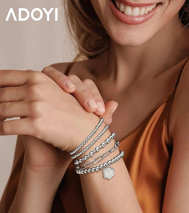 adoyi Gold Bracelets for Women Beaded Bracelet 14K Gold Plated Bracelet Stack Strand Stretch Bead Ball Bracelet Set Stackable Bracelet Adjustable Bracelet Set Jewelry for Gifts