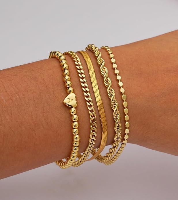 doubgood Valentines Day Gifts for Her - Gold Bracelets for Women Waterproof Stackable Heart Initial Link Charm Bracelets Set A-Z Letter 14K Gold Plated Adjustable Chain Stack Jewelry Gifts for Women