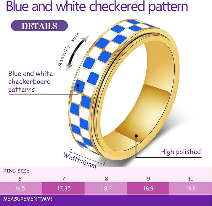 Checkered Fidget Ring For Women - Blue Chessboard Design Band Rings Anxiety & Stress Relief Stacking Spinner Rings, Stainless Steel Spinning Ring Anti-Anxiety Jewelry Gift for Adults