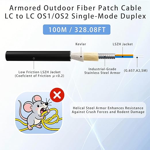 100M/328FT LC to LC Armored Outdoor Fiber Optic Cable, Single Mode Duplex 9/125μm SMF Fiber Patch Cord, OS1/OS2 Compatible, Black LSZH Jacket, Uniboot Jumper for FTTH, Data Center, Long-Distance Use