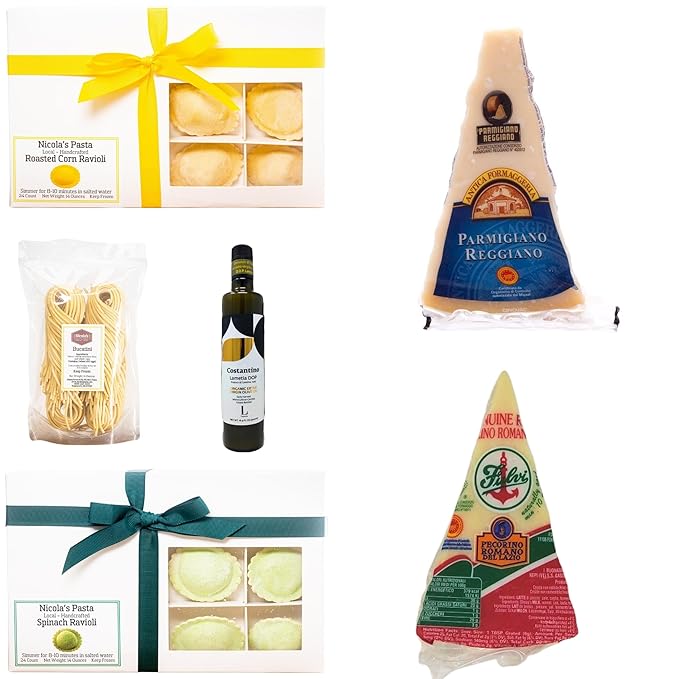 Authentic Cacio e Pepe Bundle with Roasted Corn Ravioli, Handmade Bucatini, DOP Pecorino Romano & Parmigiano Reggiano, DOP Extra Virgin Olive Oil – Italian Gourmet Meal