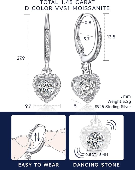 MomentWish Dangle Earrings for Women-925 Sterling Silver Moissanite Earring, Women's Gift for Valentine Birthday, D Color VVS1 Dancing Moissanite Hoops