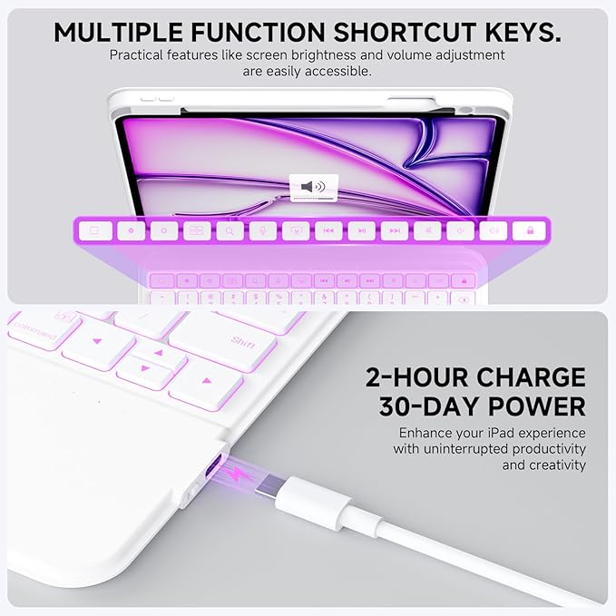 ONLY fit for 2024 M4 iPad Pro 11 inch Case with Keyboard Detachable Magic Keyboard Trackpad, 360 Rotating Cover with Pencil Holder Multi Angle Stand, 12 Shortcut Key, 7 Color Backlit, White