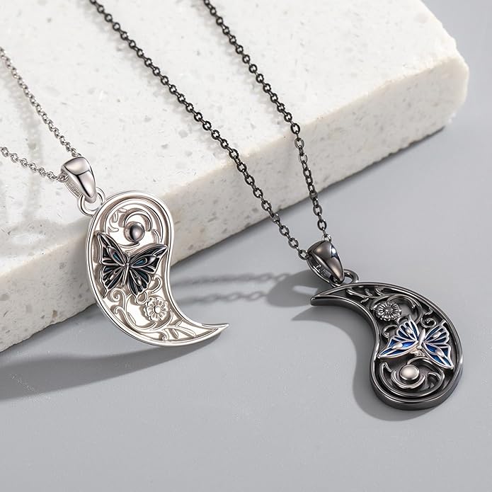 MEDWISE Butterfly Flower Yin Yang Necklace Double S925 Sterling Silver Sun Moon Pendant Partner Friendship Couples BFF Pendant Necklace Yin Yang Jewelry Matching Set for Her Women