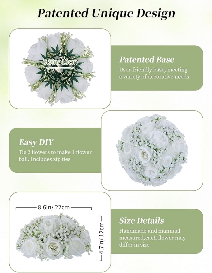 BLOSMON Babys Breath Artificial Flowers: 10 Pcs White Rose Baby Breath Ball Centerpieces for Wedding Table - Fake Silk Kissing Floral Arrangement for Home Party Event Decorations