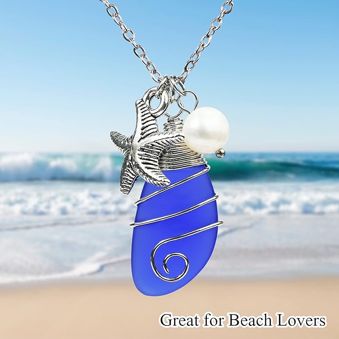 Sea Glass Necklace, Wire Wrapped Beach Necklaces, Sea Glass Jewelry, Handmade Blue Beach Jewelry for Women Trendy