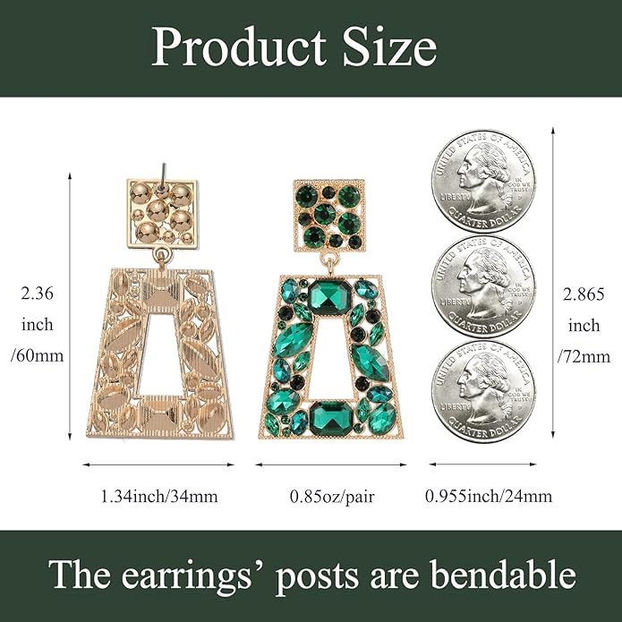 Rhinestone Rectangle Statement Earrings Colorful Crystal Geometric Drop Dangle Earrings for Women Prom Party