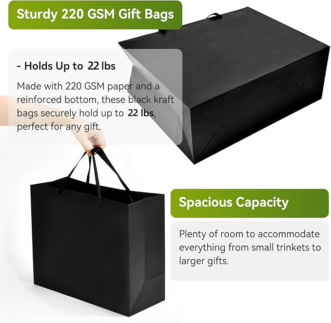 Large Black Gift Bags With Handles, 15x6x12 Inch Sturdy Kraft Paper Large Gift Bags, Bulk for Wedding, Party, Birthday, Business and Shopping (Black-XL-3-pcs)