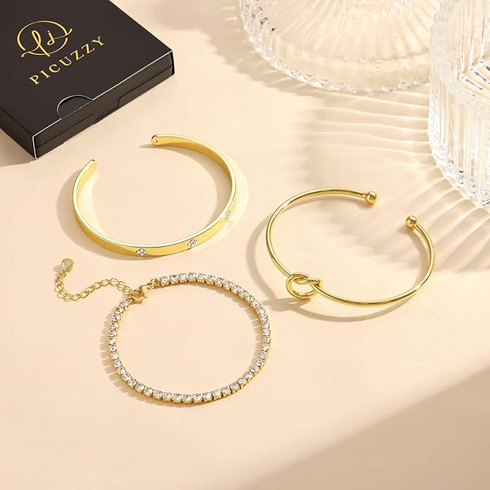 Gold Bangle Bracelets for Women, Non Tarnish Dainty 14K Gold Plated Cuff Bracelets Stackable for Women,Waterproof Bracelet Stack Gold Jewelry Gifts Trendy Adjustable Accessories