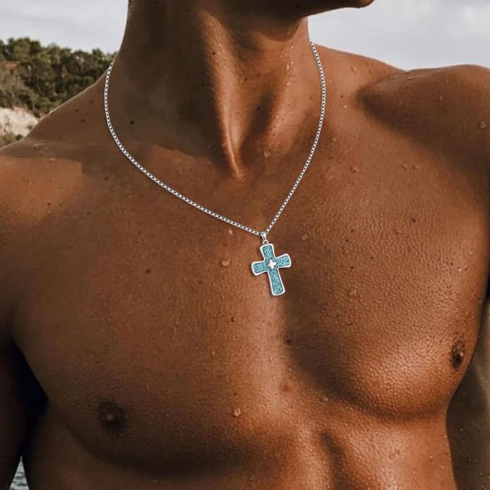 RMREWY Genuine Turquoise Cross Necklace, Sterling Silver Native American Boho Western Vintage Pendant Religion Jewelry Birthdays Gift for Women