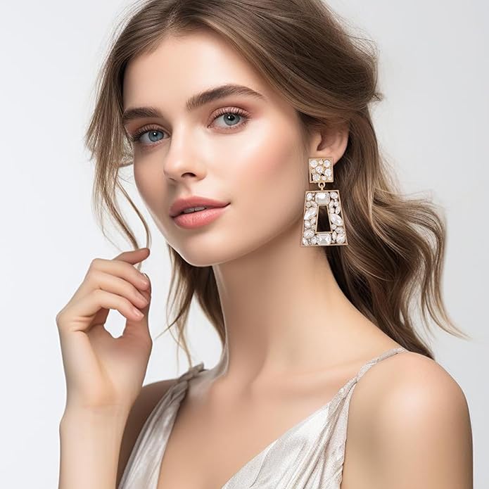 Rhinestone Rectangle Statement Earrings Colorful Crystal Geometric Drop Dangle Earrings for Women Prom Party