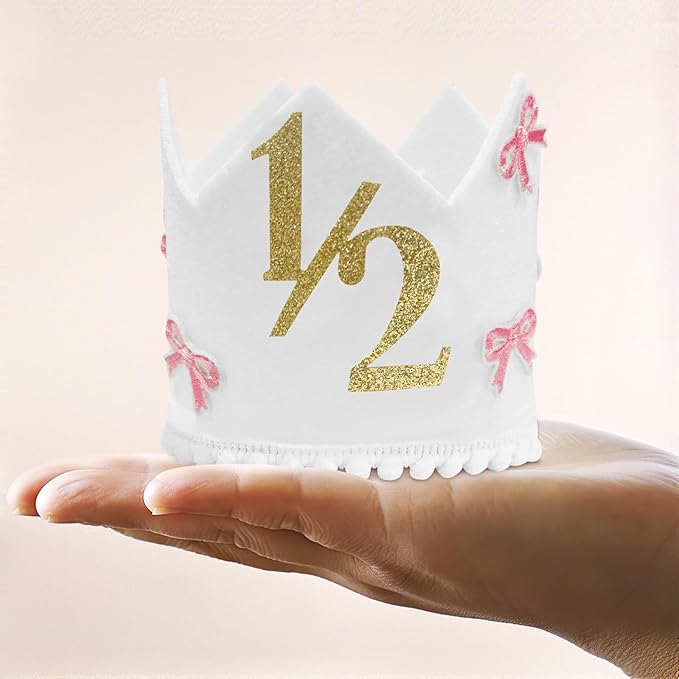 Half Birthday Crown Hat,White Birthday Crown for Baby 6-12 Months, Pink Bow Soft Photo Props for Half Year Celebration, Party Decorations
