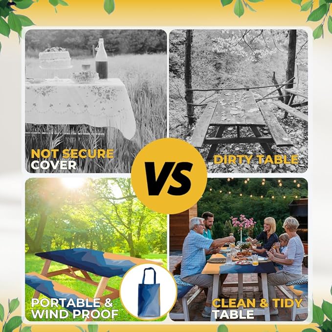 RNOONY 6ft Polyester Picnic Table Cover with Bench Covers Windproof & Waterproof Tablecloth, Perfect for Camping Gifts & RV Essentials, Cool Camping Gadgets, with Carrying Bag, 72x30 Inches, 4Pcs,Blue