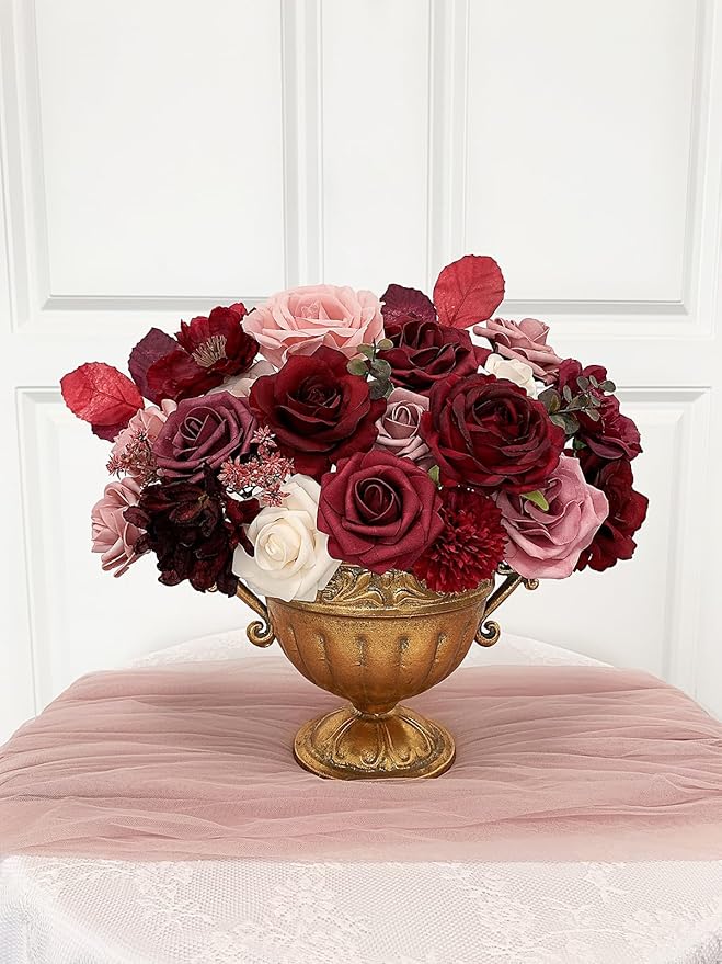 Rose Artificial Flowers Burgundy Fake Flower Bulk for DIY Wedding Bouquets Bridal Baby Shower Centerpiece Table Decorations Silk Faux Floral Arrangements for Party Home Decor Indoor Red Mauve