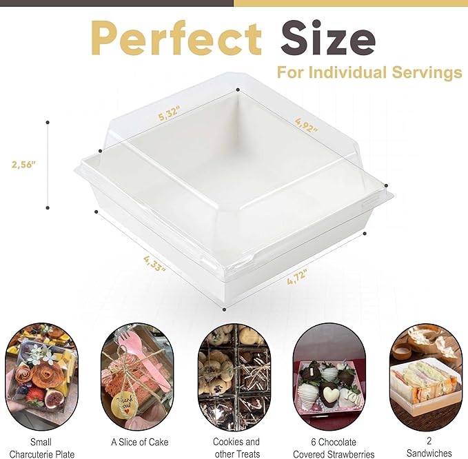 50 Pack Small Charcuterie Boxes with Clear Lids - To Go Paper Mini Charcuterie Box, Disposable Food Containers, 5Inch Dessert Boxes - Sandwich, Cookie, Sushi, Cake Slice, Strawberries (White)