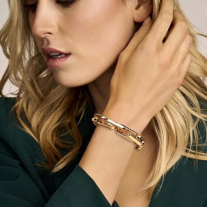Chunky Gold Bracelet for Women Non Tarnish, Trendy Stretch Cuban Link Chain Plated Gold Bangle Bracelets