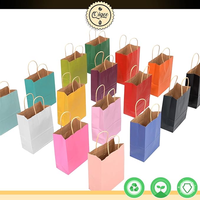 qiqee Large Kraft Paper Bags with Handles Bulk 13"x10"x5" 60-Pack Gift Bags 16 Solid Colors (Large Size) for Wedding, Baby Shower & Birthday Party