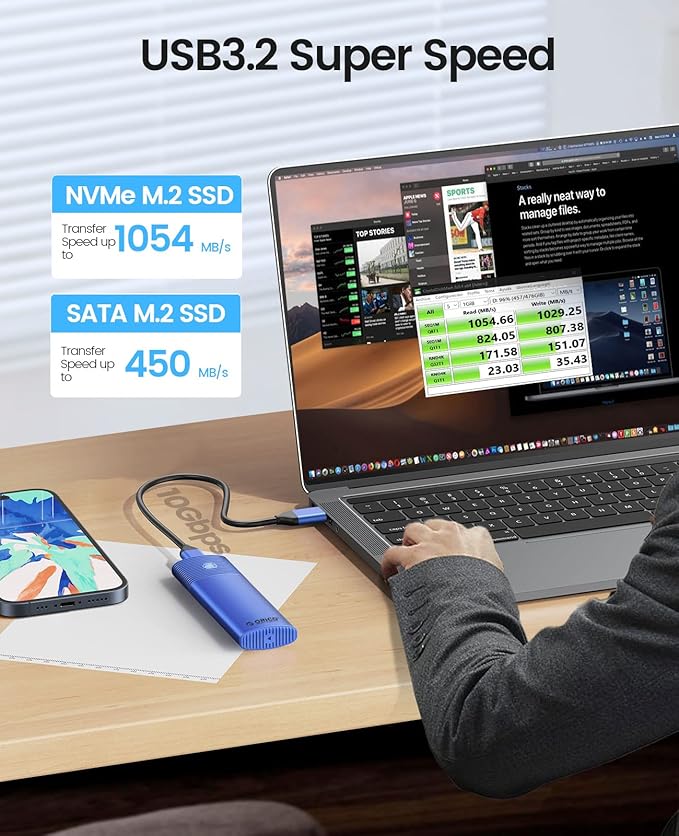 ORICO M.2 NVMe SATA SSD Enclosure Adapter Tool-Free, USB C 3.2 Gen 2 10Gbps NVMe, 5Gbps NGFF SATA PCIe M-Key(B+M Key) 2230/2242/2260/2280, Aluminum External M2 Reader Support UASP Trim-BL(G2A)