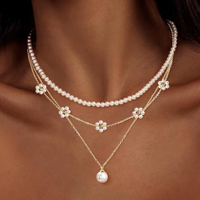 Zeffy Gold Pearl Necklace for Women, Dainty 14K Gold/Silve Plated Layered Pearl Choker Pearl Earrings Pearl Bracelets Wedding Trendy Gold Jewelry Set for Women Gifts